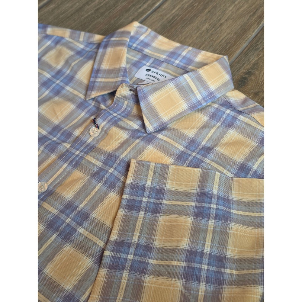 Sperry Men Blue Tan Plaid Tencel Blend Short Sleeve Button Down Shirt Large